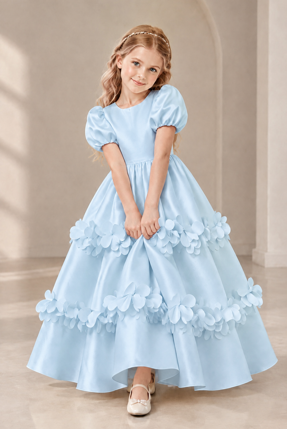 BOLODOO Light Blue Satin Flower Girl Dress with Floral Appliques - Light Blue