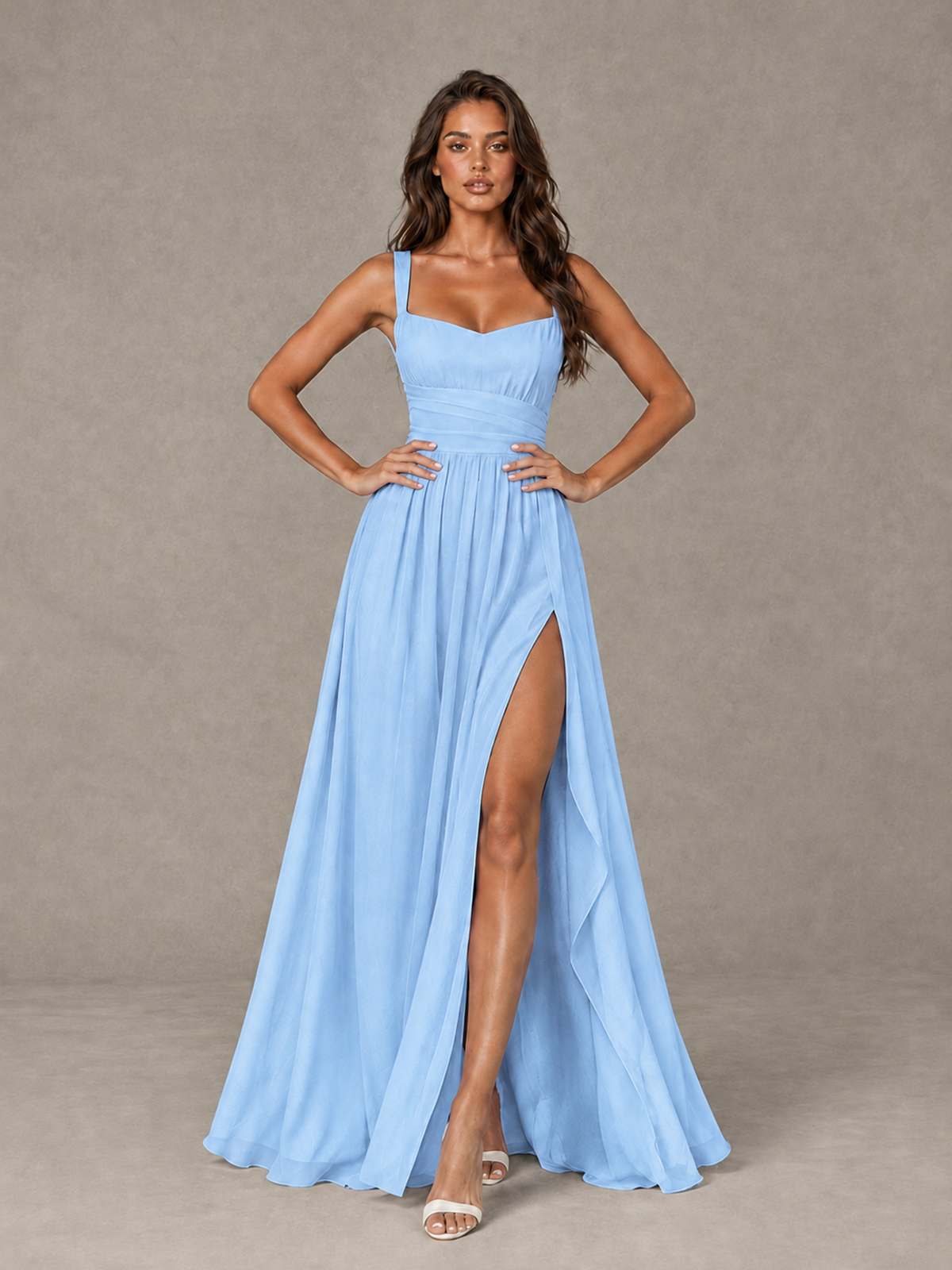 BOLODOO Light Blue A-Line Bridesmaid Dress with High Slit & Lace-Up Back - Light Blue - Light Blue (4)