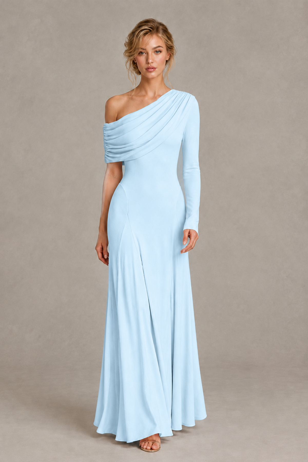 BOLODOO Light Blue Asymmetric Draped Long Sleeve Evening Gown - Light Blue