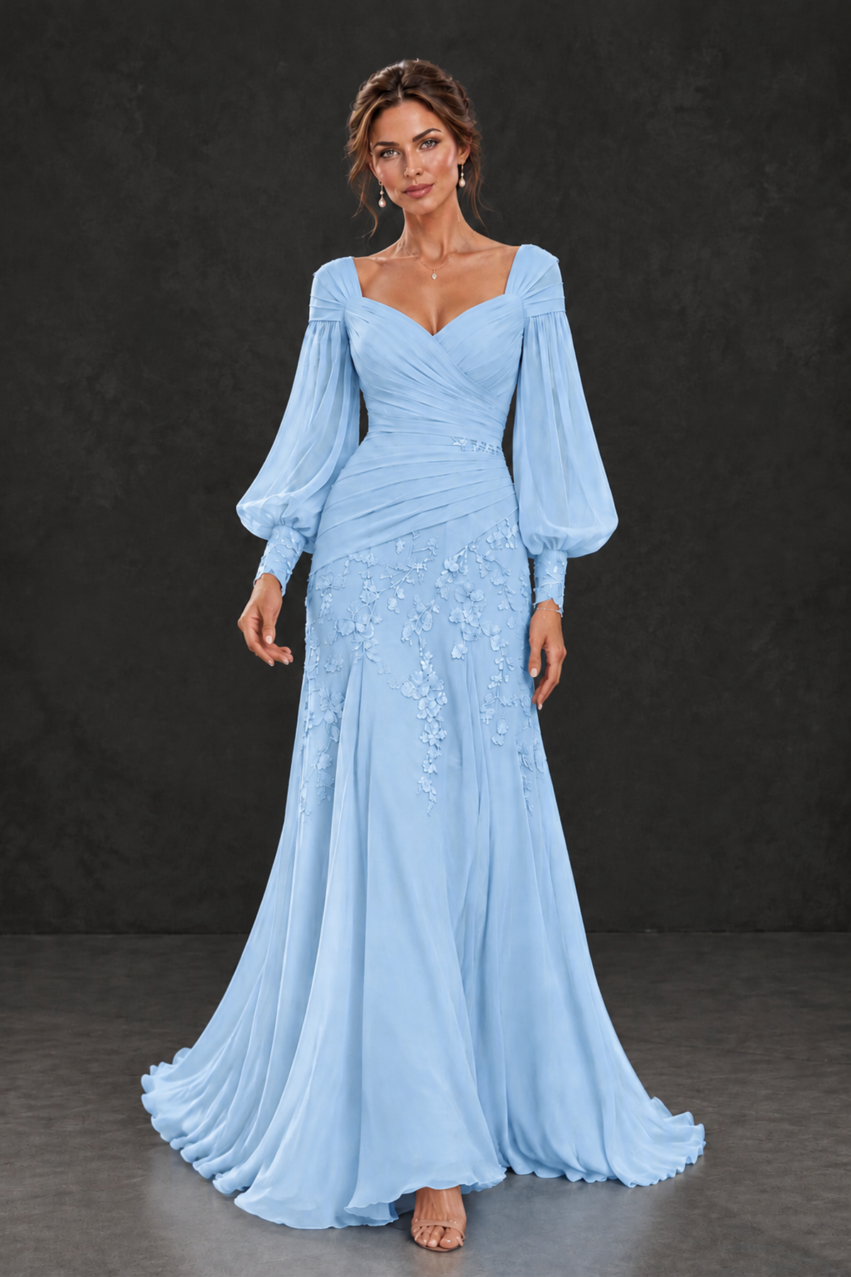 BOLODOO Light Blue Long Sleeve Mother of the Bride Dress with Floral Appliqués - Light Blue - Light Blue (4)