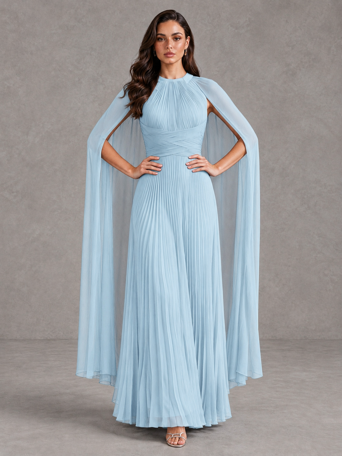 BOLODOO Light Blue Pleated Cape Maxi Wedding Guest Dress - Light Blue - Light Blue (4)