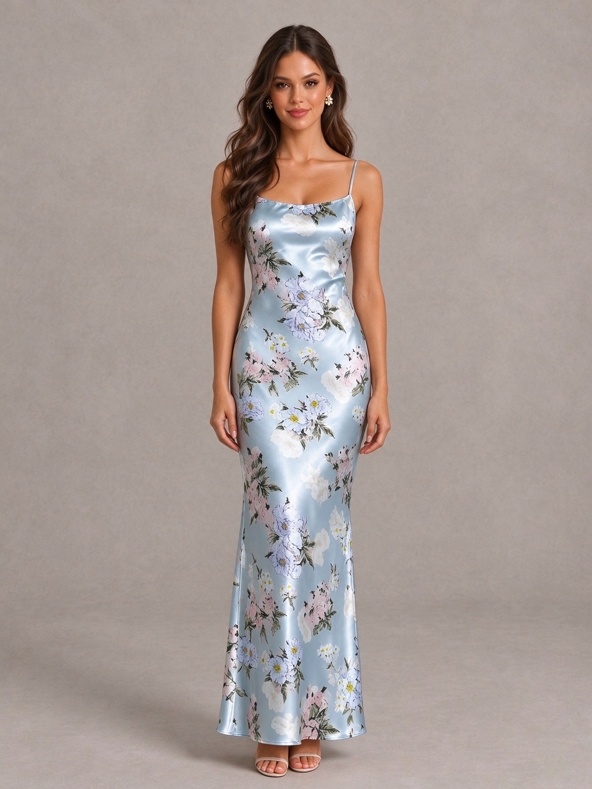 BOLODOO Light Blue Floral Satin Bridesmaid Dress with Cowl Back - Light Blue - Light Blue (4)