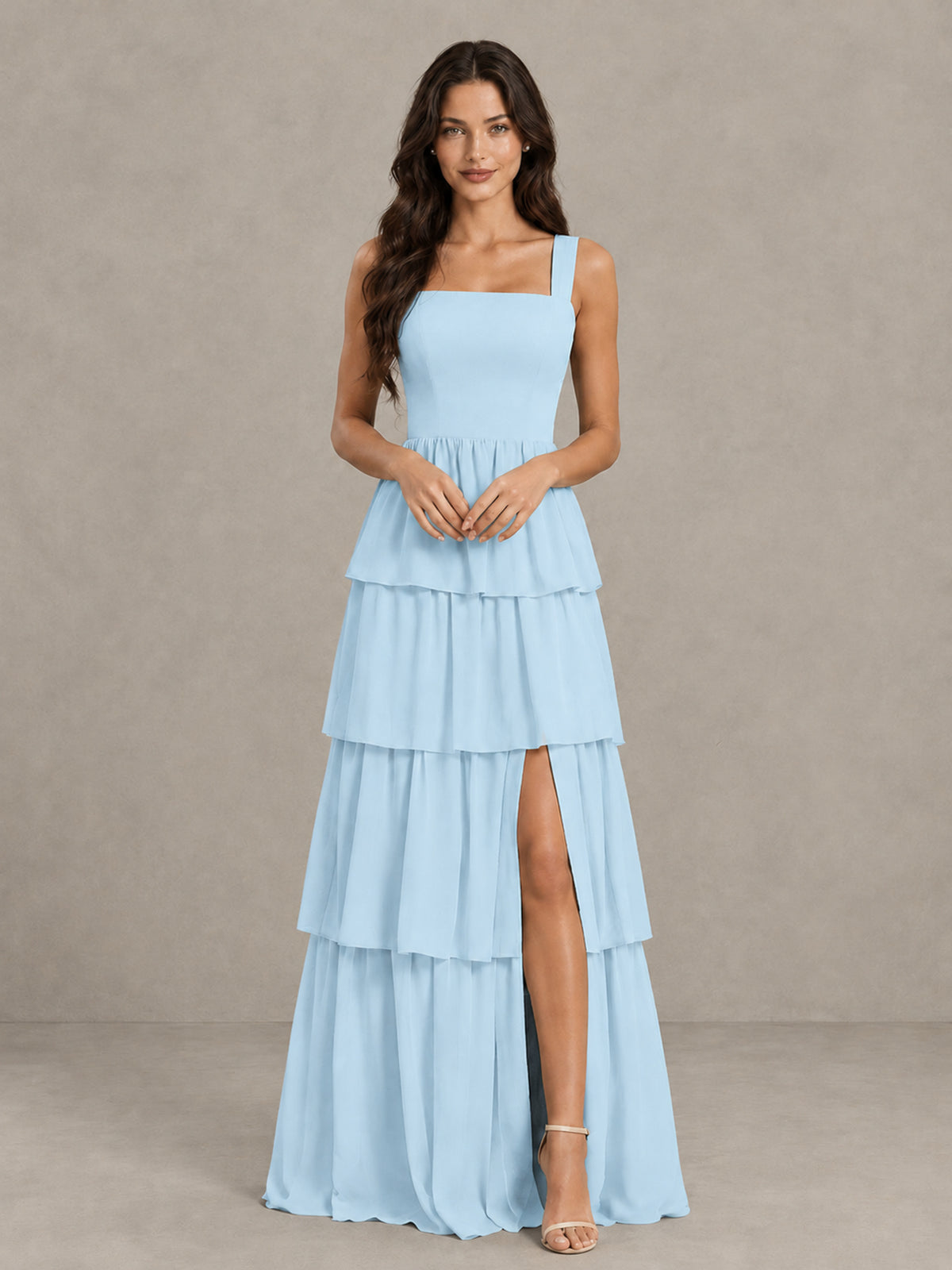 BOLODOO Light Blue Square Neck Tiered Bridesmaid Dress with Slit - Light Blue - Light Blue (4)