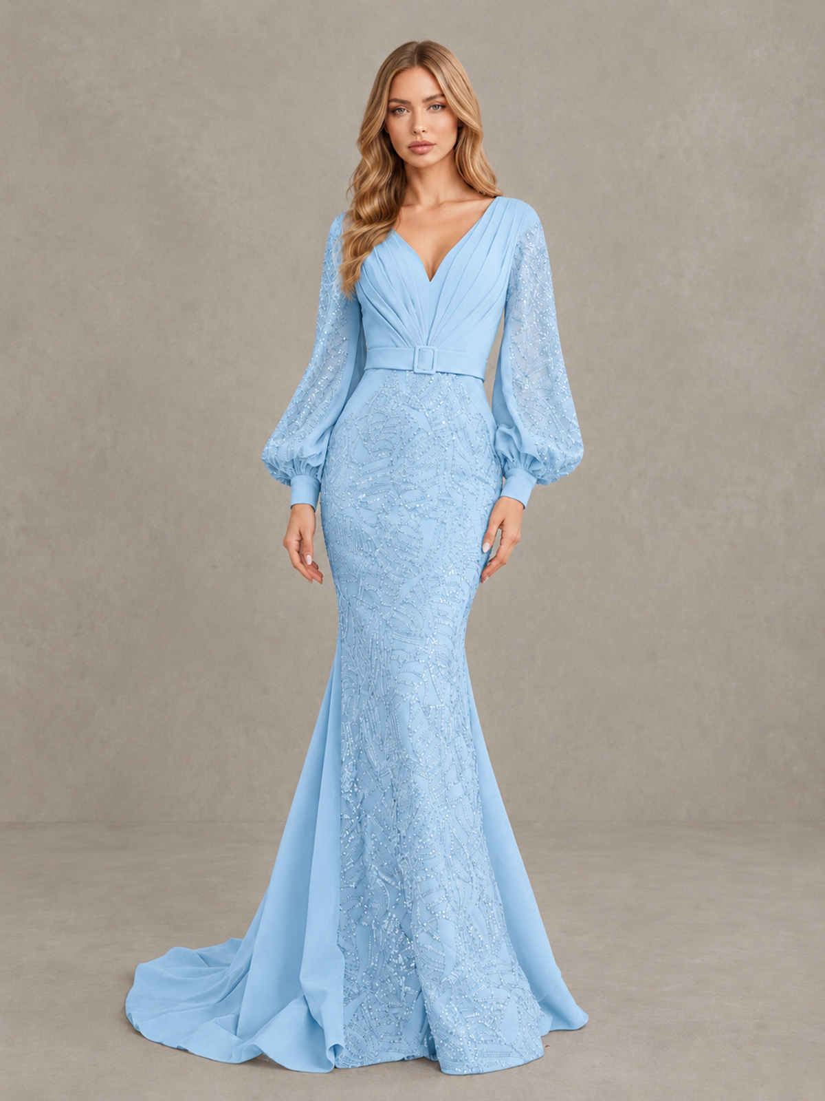 BOLODOO Light Blue Sequin Long Bishop Sleeve Mermaid Evening Dress - Light Blue - Light Blue (4)