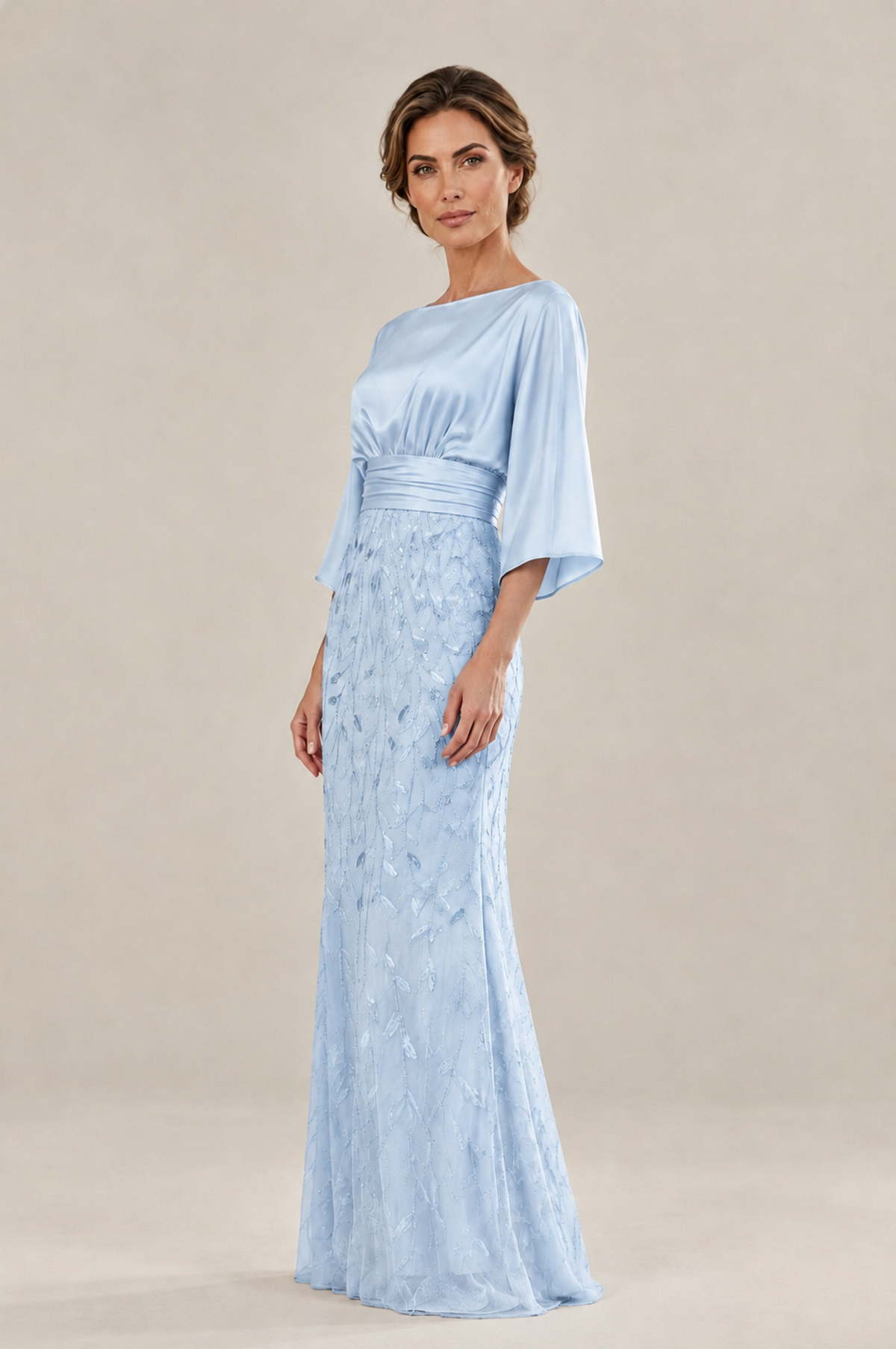BOLODOO Light Blue Mother of the Bride Dress with Kimono Sleeves, Satin Bodice & Sequin Embroidered Mermaid Floor-Length Gown - Light Blue - Light Blue (4)