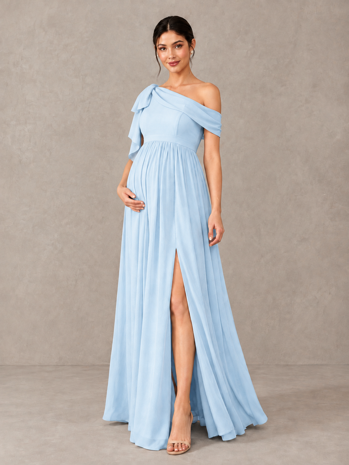 BOLODOO Light Blue One-Shoulder Maternity Bridesmaid Dress with Slit - Light Blue - Light Blue (4)