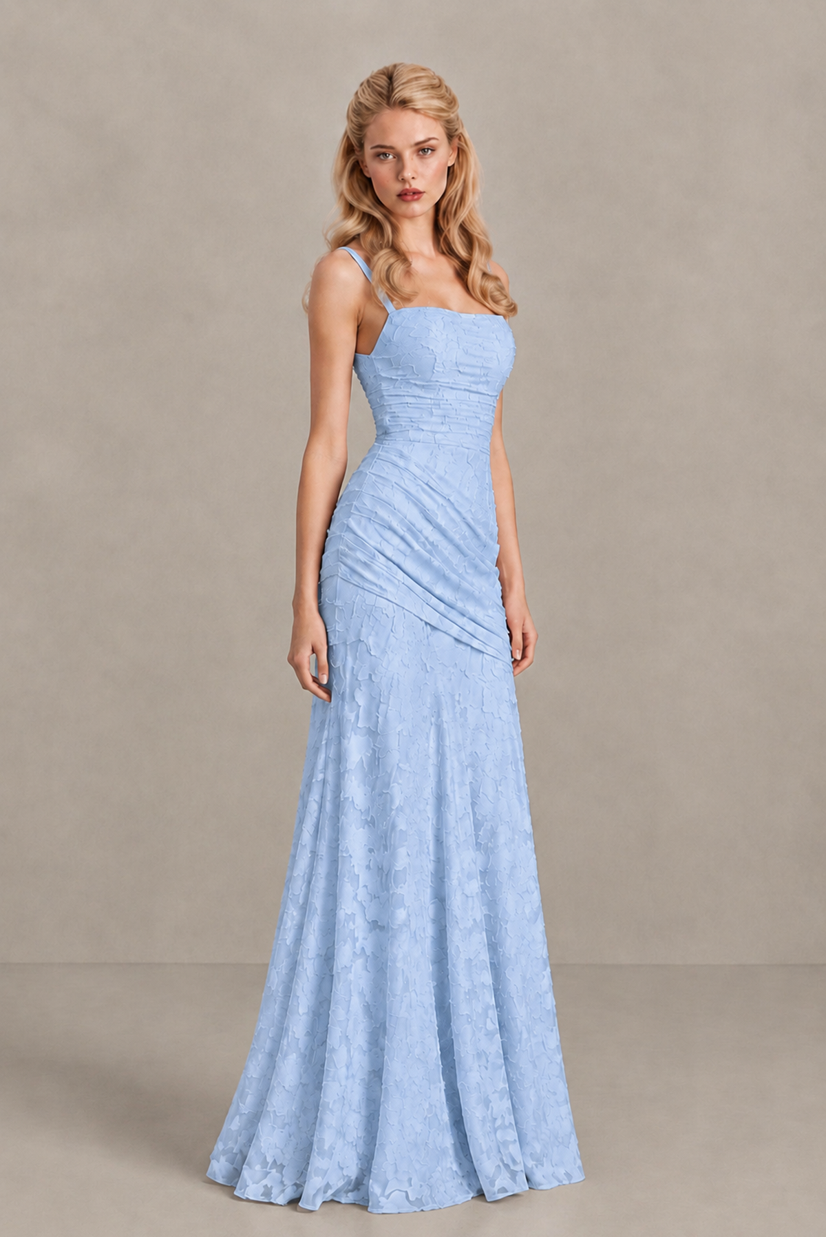 BOLODOO Light Blue Ruched Floral Maxi Dress with Lace-Up Back - Light Blue