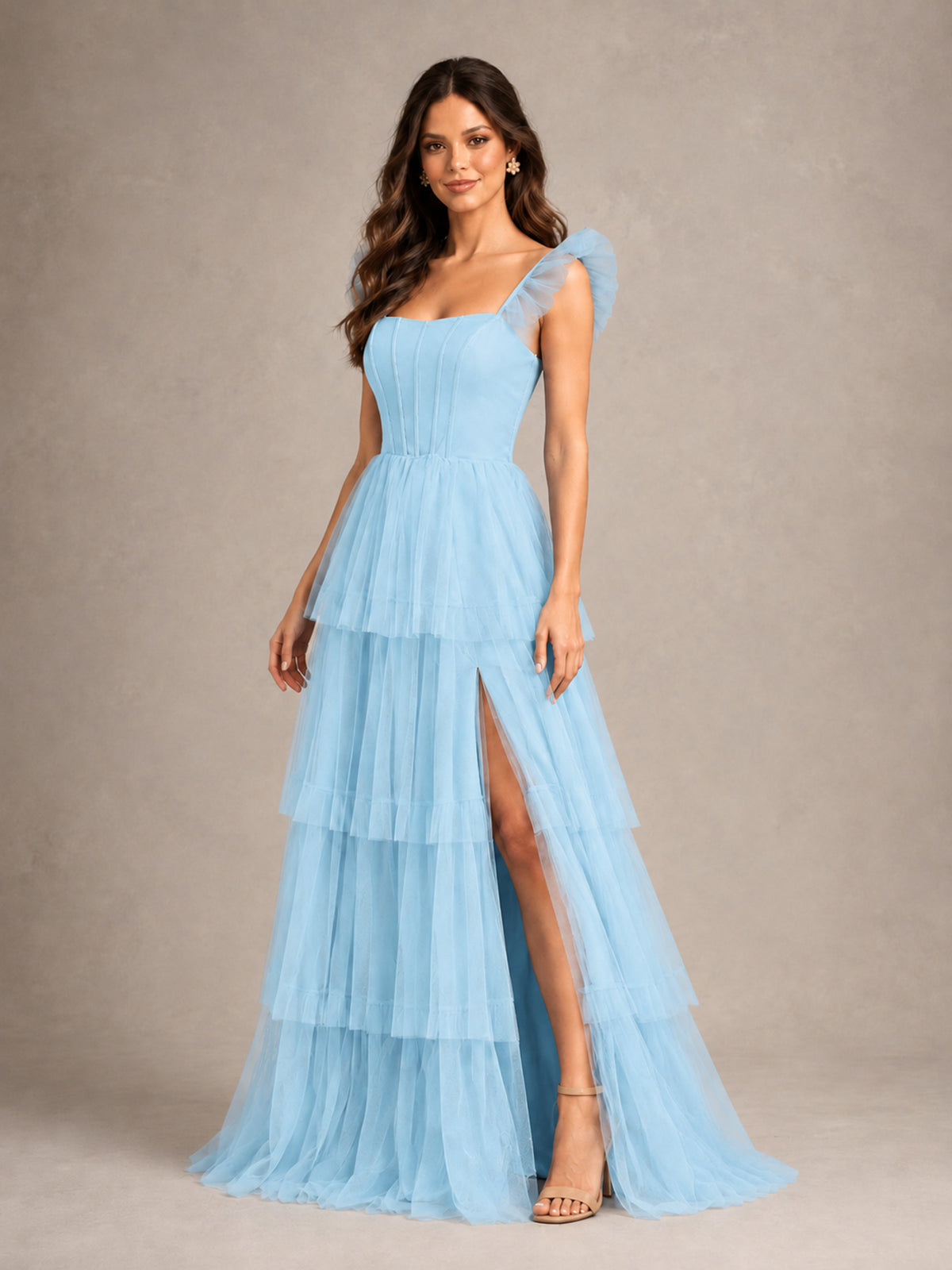 BOLODOO Light Blue Tiered Tulle Bridesmaid Dress with Slit - Light Blue - Light Blue (4)