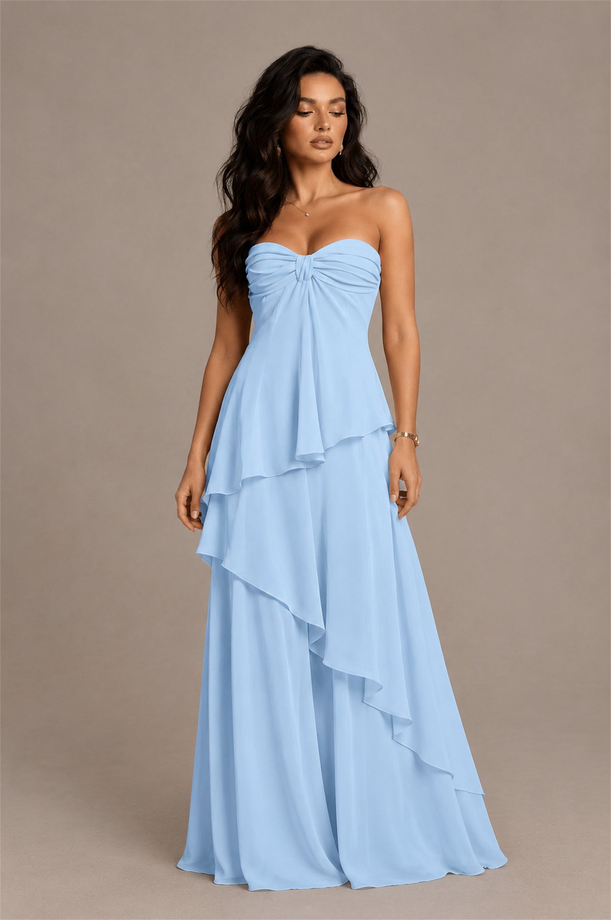 BOLODOO Light Blue Strapless Sweetheart Knotted Chiffon Tiered Maxi Dress with Lace-Up Back - Light Blue
