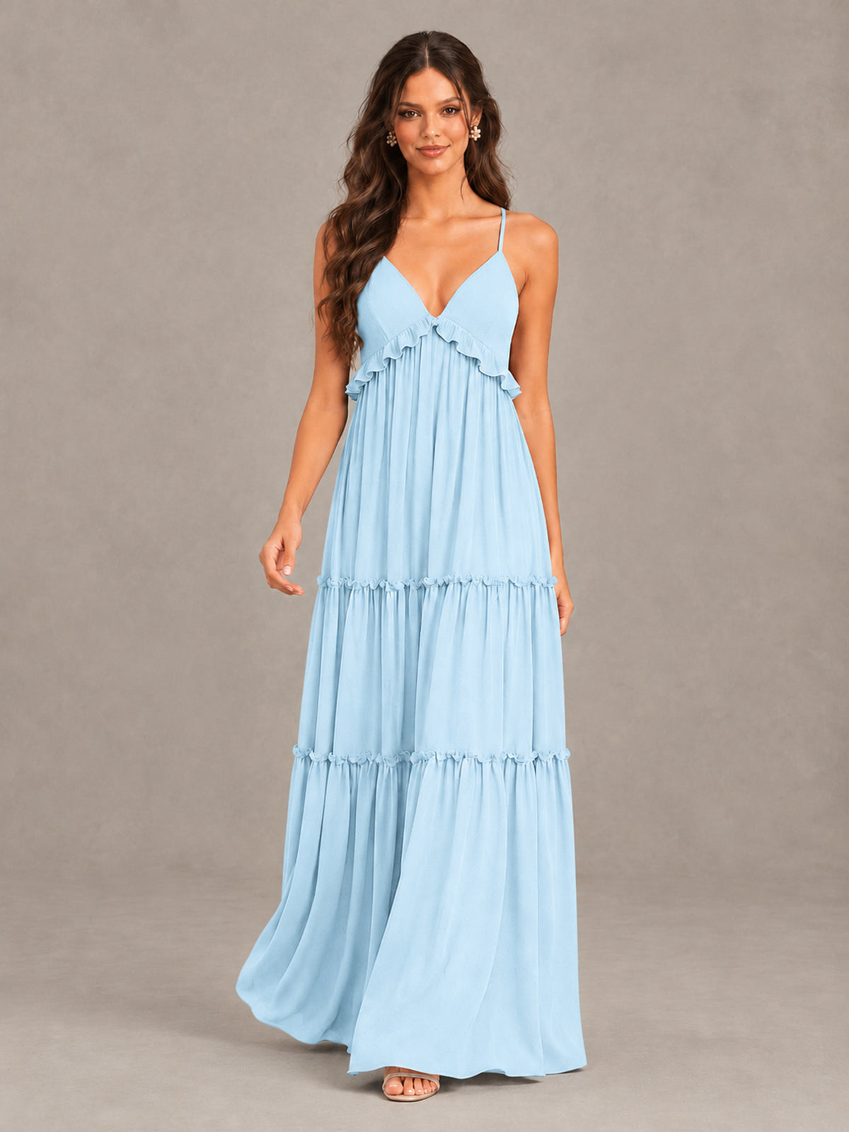 BOLODOO Light Blue Tiered V-Neck Lace-Up Back Bridesmaid Dress - Light Blue - Light Blue (4)
