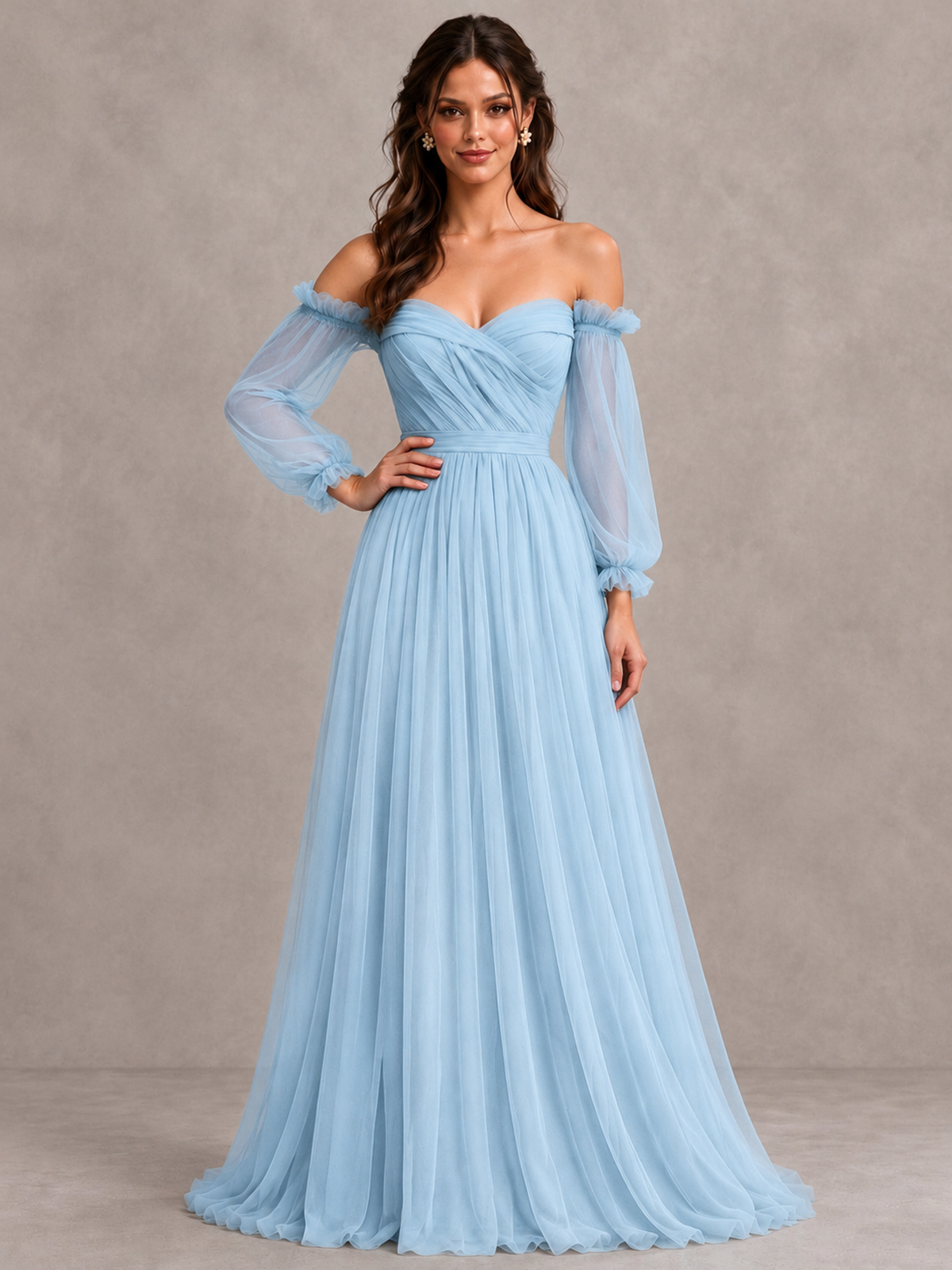 BOLODOO Light Blue Off-the-Shoulder Long Sleeve A-Line Bridesmaid Dress - Light Blue - Light Blue (4)
