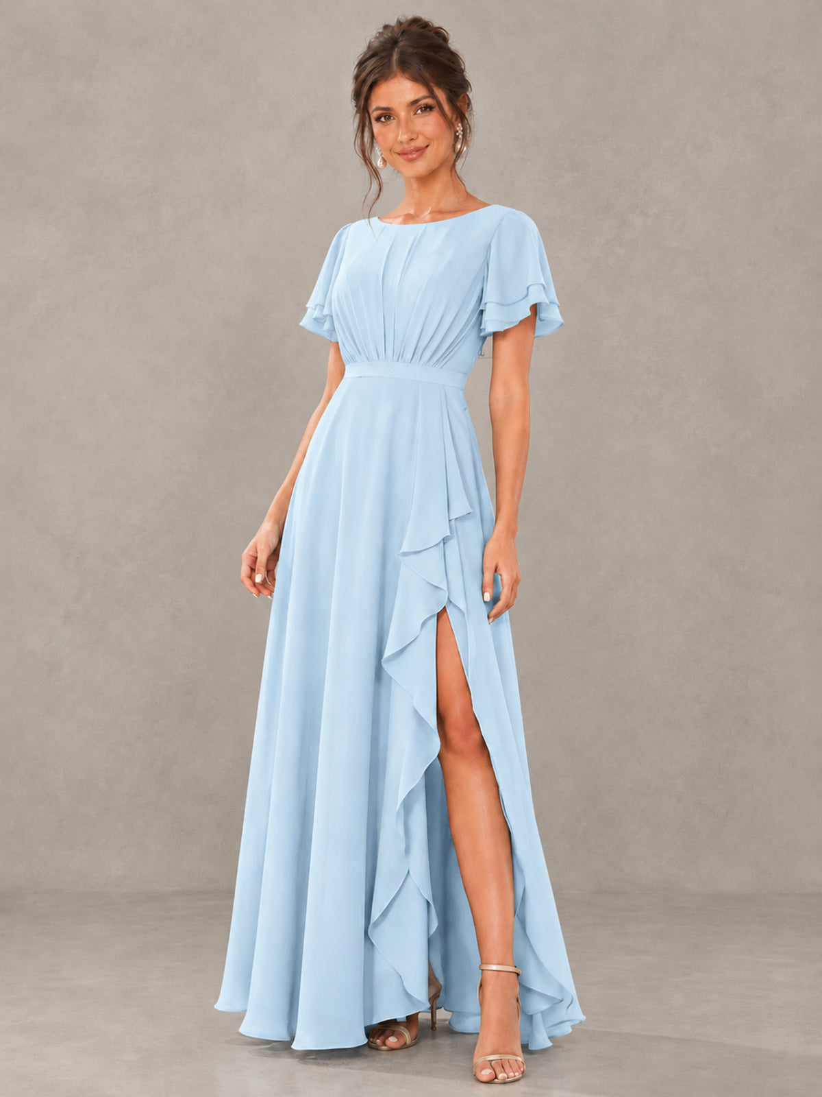 BOLODOO Light Blue Flutter Sleeve Ruffle Bridesmaid Dress with Slit - Light Blue - Light Blue (4)