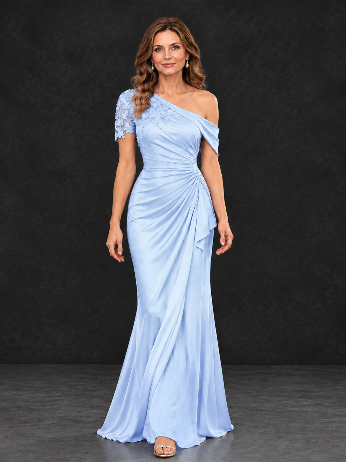 BOLODOO Light Blue Asymmetric Satin Mother of the Bride Dress with Lace Sleeve - Light Blue - Light Blue (4)