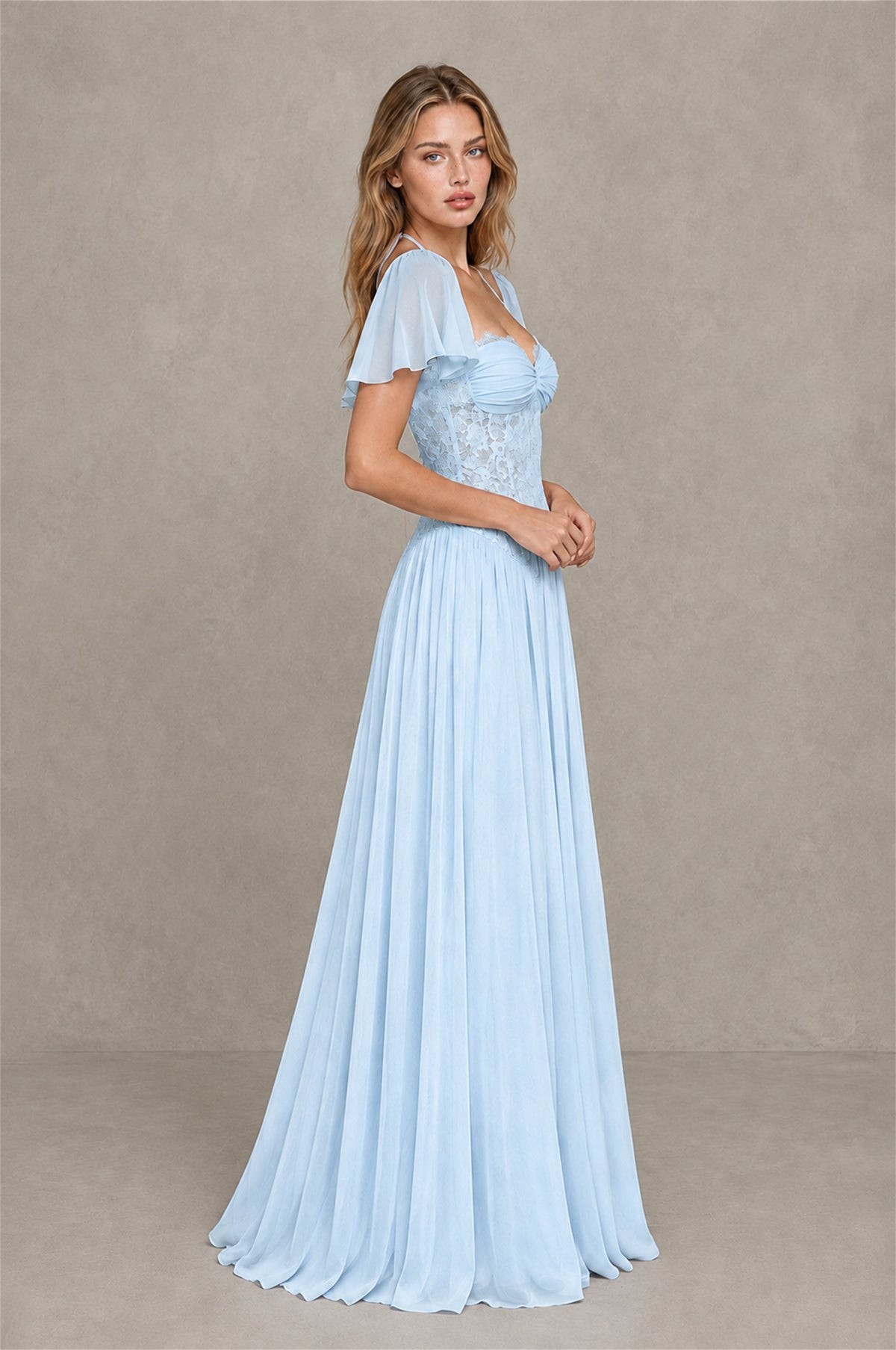 BOLODOO Light Blue Flutter Sleeve Lace Corset A-Line Maxi Dress - Light Blue - Light Blue (4)