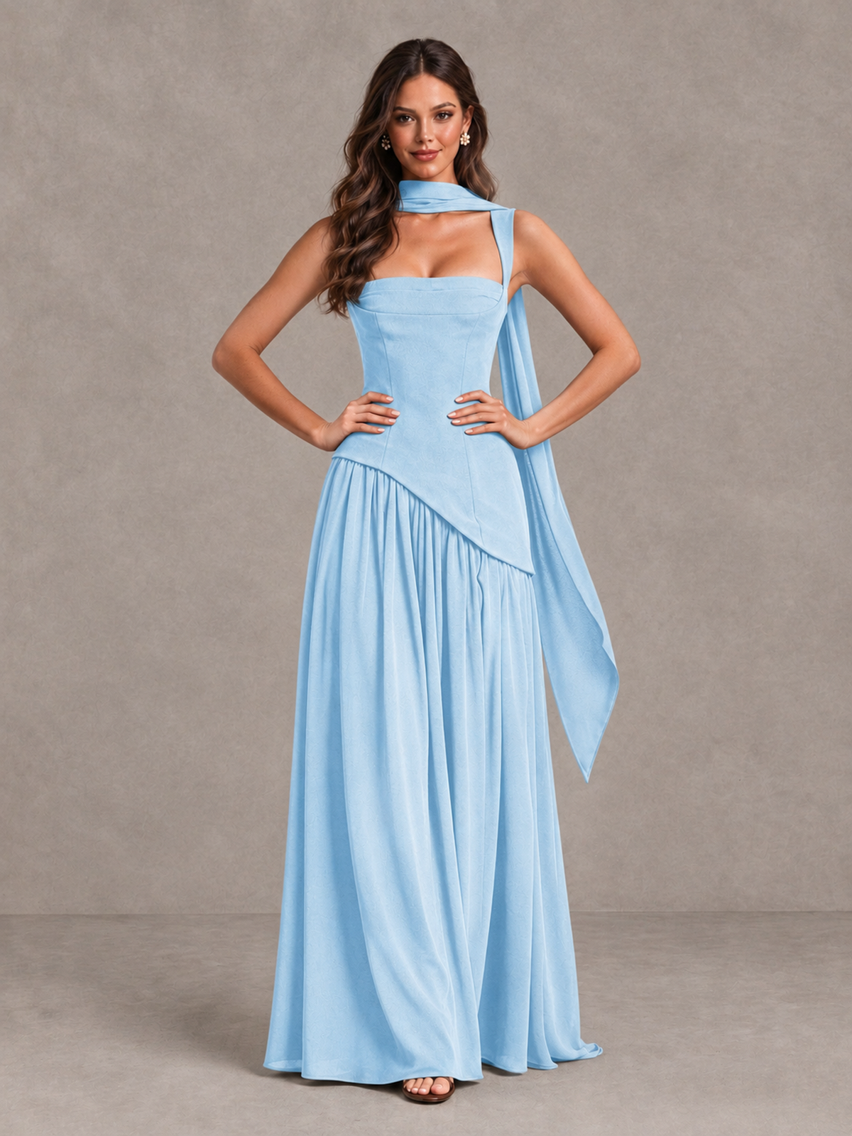 BOLODOO Light Blue Brown Scarf Bridesmaid Dress with Lace-Up Back - Light Blue - Light Blue (4)