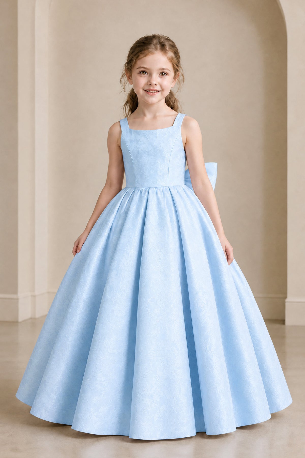 BOLODOO Light Blue Girls' A-Line Flower Girl Dress with Back Bow - Light Blue