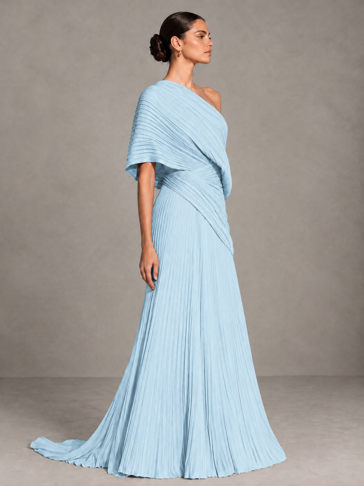 BOLODOO Light Blue One-Shoulder Pleated Cape Evening Gown with Train - Light Blue - Light Blue (4)