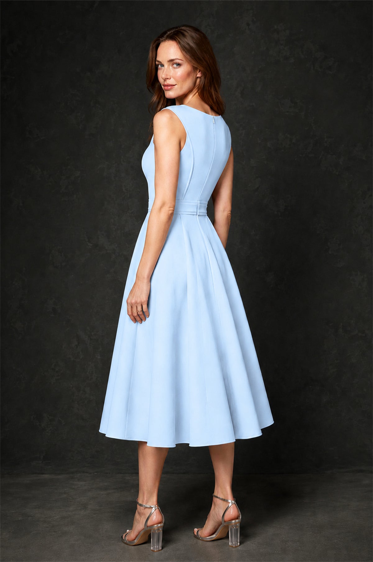 BOLODOO Light Blue 3D Rosette Appliqué 3/4 Sleeve Jacket & V-Notch Sleeveless A-Line Tea-Length Two-Piece Dress Set - Light Blue