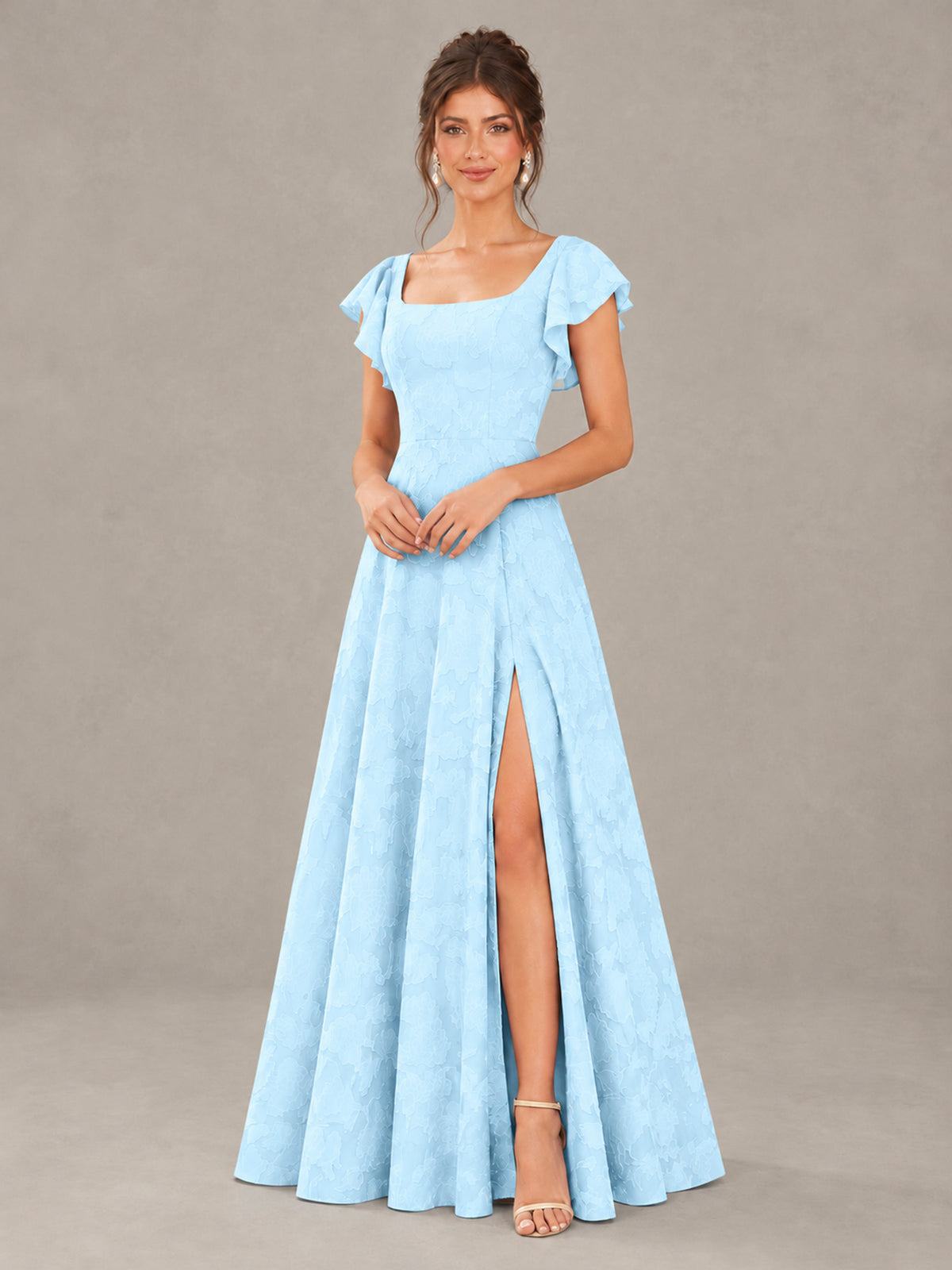 BOLODOO Light Blue Floral Flutter Sleeve Bridesmaid Dress with Slit - Light Blue - Light Blue (4)