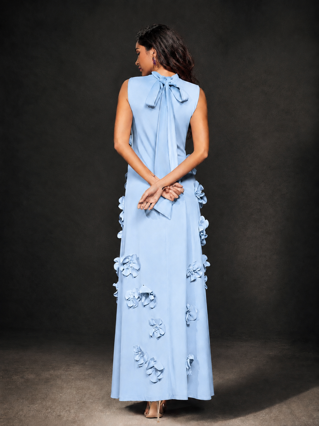 BOLODOO Light Blue Mock Neck Sleeveless 3D Floral Appliqué Maxi Dress with Bow Back - Light Blue