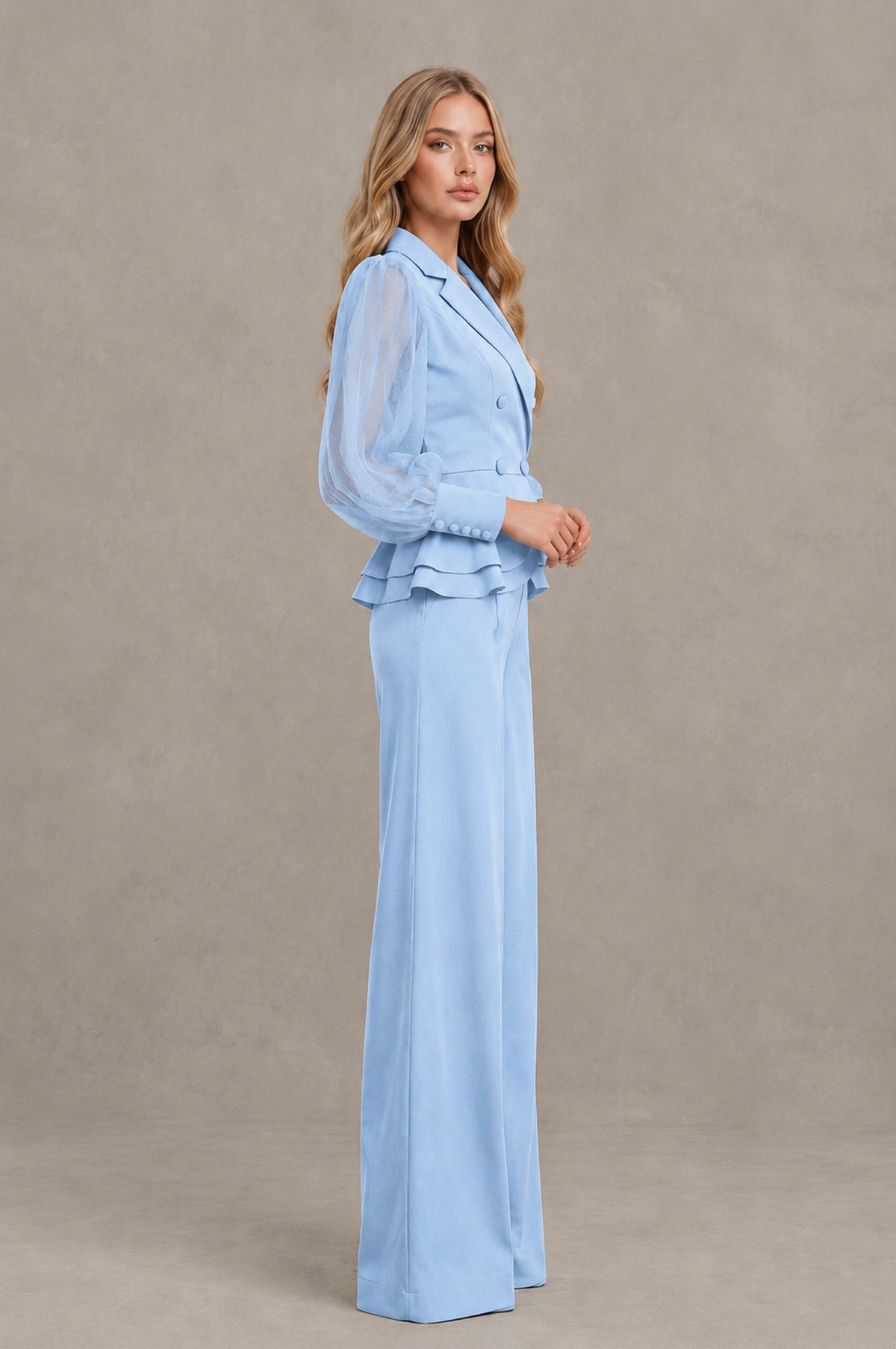 BOLODOO Mint Light Blue Peplum Blazer Wide-Leg Pantsuit with Sheer Puff Sleeves - Light Blue