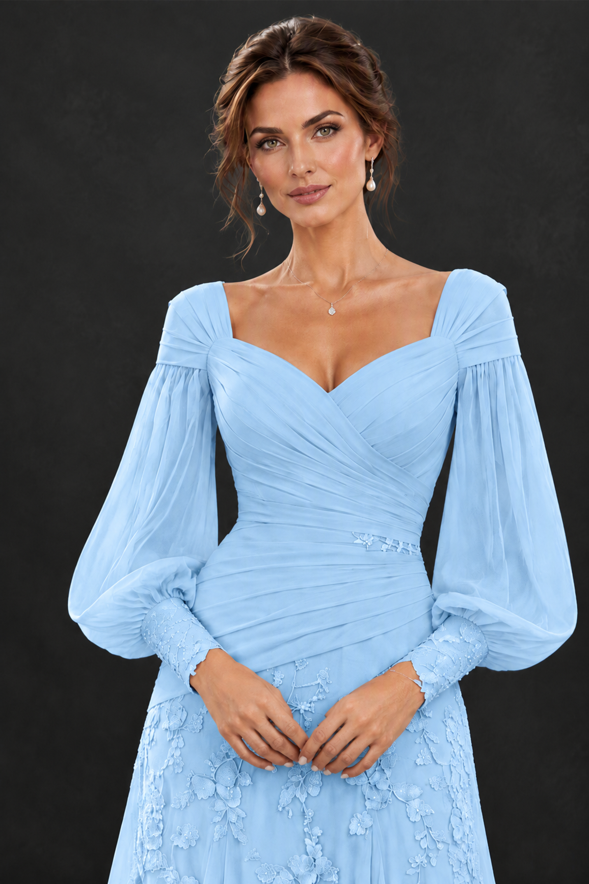 BOLODOO Light Blue Long Sleeve Mother of the Bride Dress with Floral Appliqués - Light Blue - Light Blue (5)