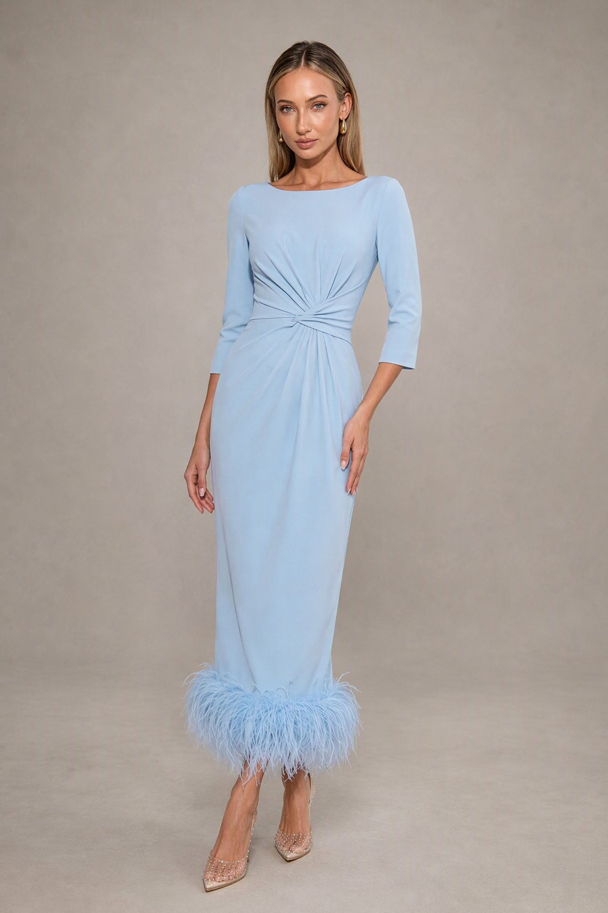 BOLODOO light blue twist-waist midi dress with three-quarter sleeves and feather-style hem, front view