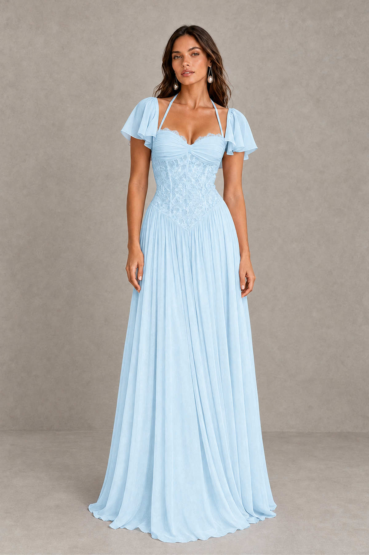 BOLODOO Light Blue Flutter Sleeve Lace Corset A-Line Maxi Dress 