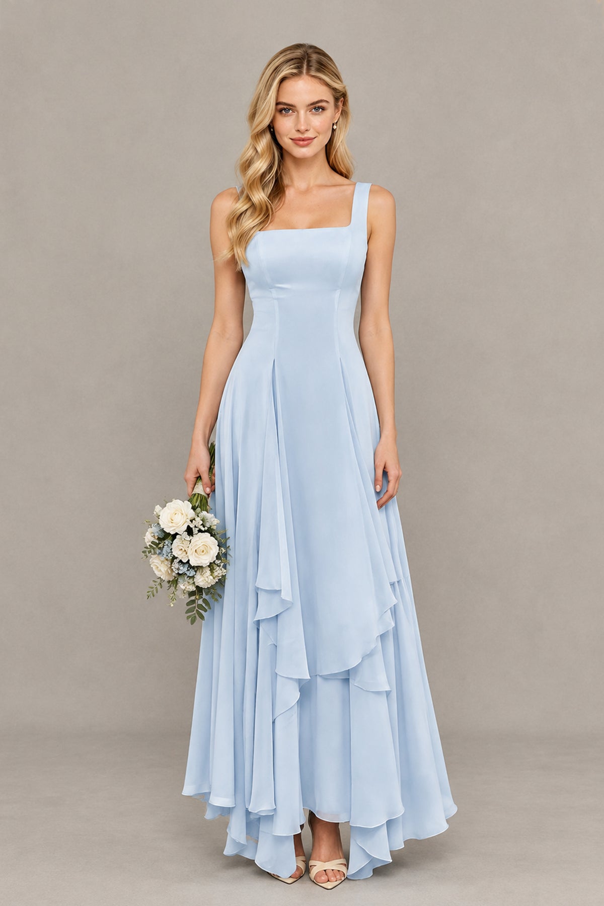 BOLODOO light blue chiffon bridesmaid dress with lace-up open back and no slit