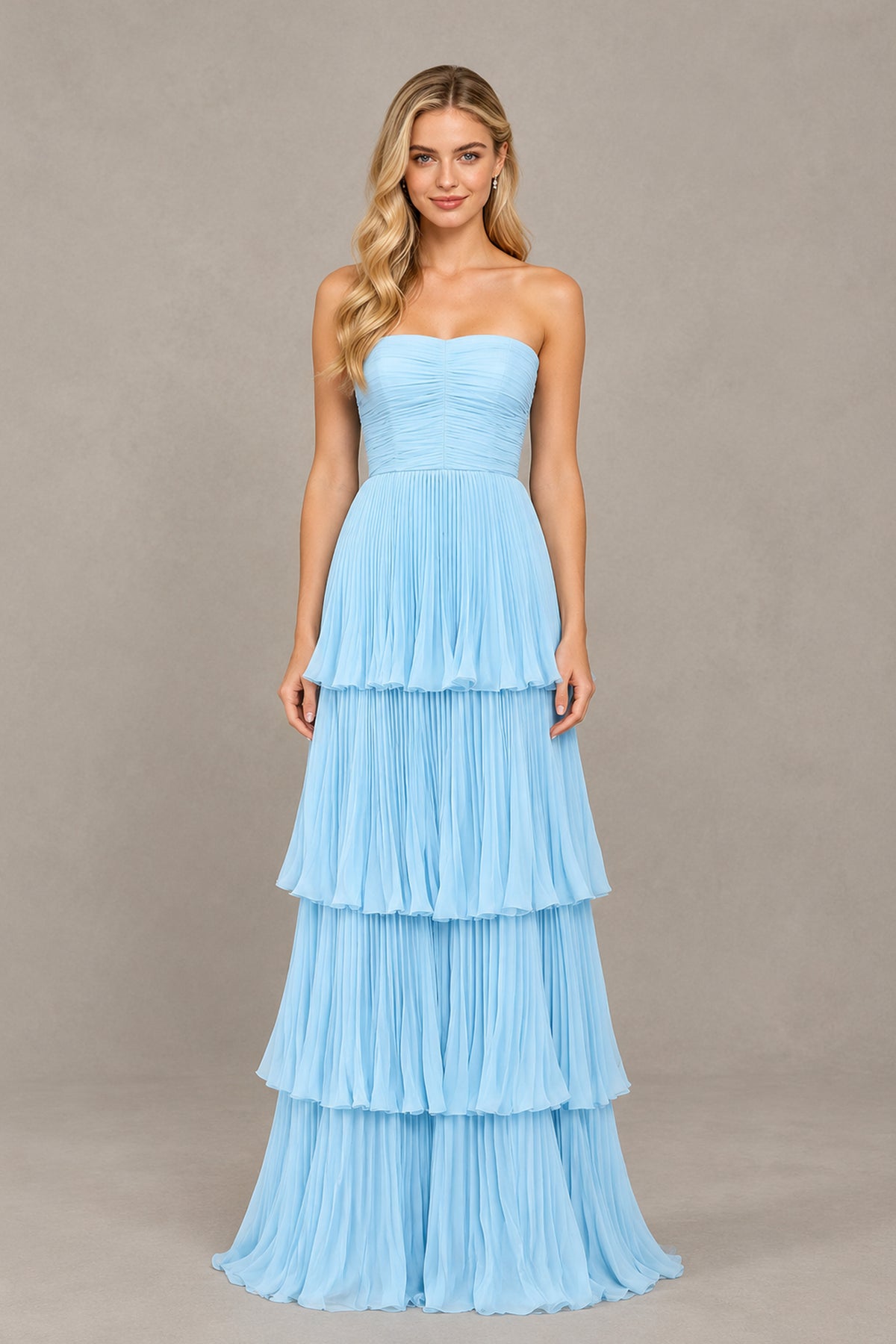 BOLODOO light blue strapless tiered floor-length dress front view