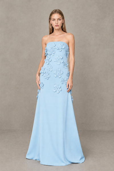 BOLODOO Light Blue Strapless 3D Floral Appliqué Crepe Maxi Gown 