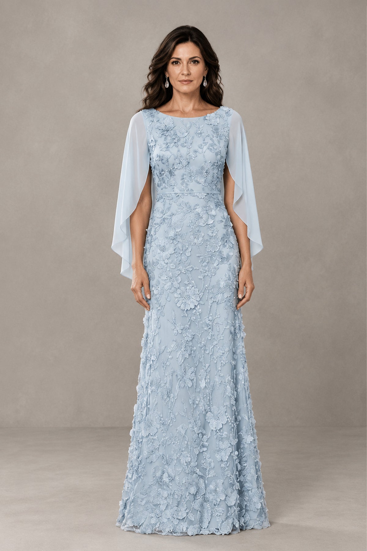Light blue BOLODOO floor length lace formal dress with cape sleeves, front view