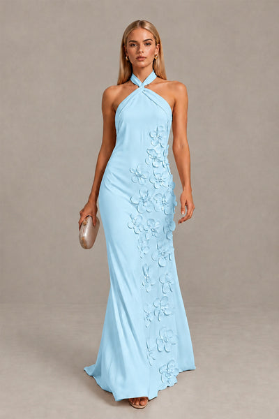 BOLODOO Light Blue Cross Halter Neck 3D Floral Appliqué Backless Mermaid Maxi Gown 