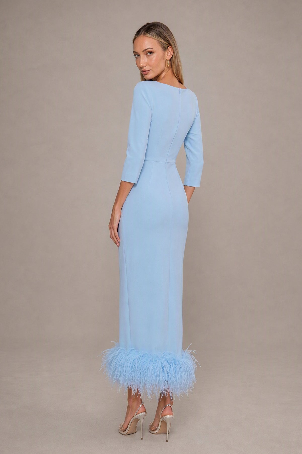 BOLODOO light blue three-quarter sleeve midi dress showing covered back and feather-style hem