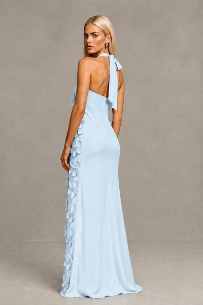 BOLODOO Light Blue Cross Halter Neck 3D Floral Appliqué Backless Mermaid Maxi Gown 