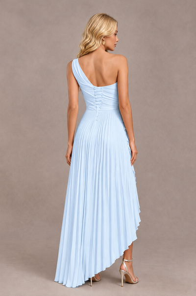 BOLODOO Light Blue One-Shoulder High-Low Ruffle Maxi Dress 