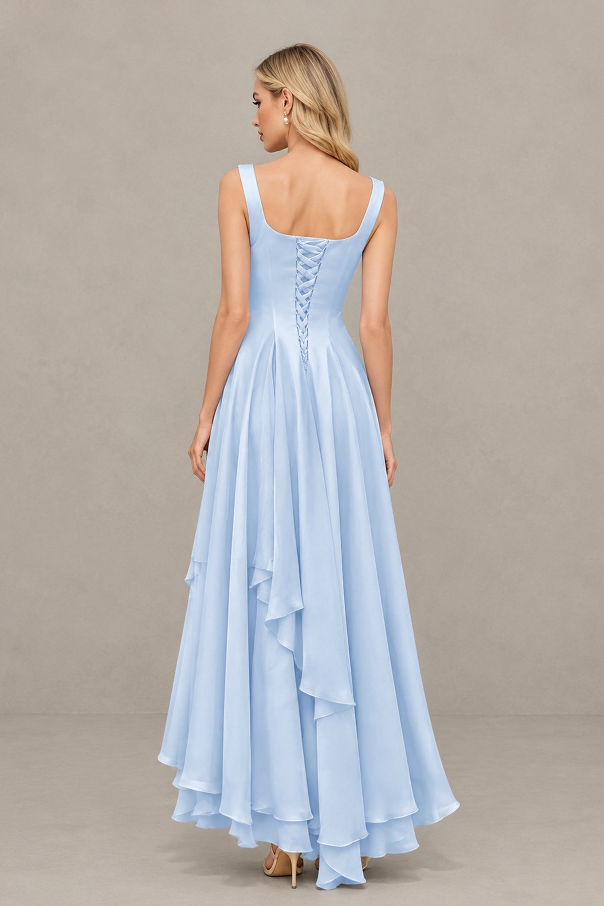BOLODOO light blue sleeveless chiffon bridesmaid dress full front view with bouquet