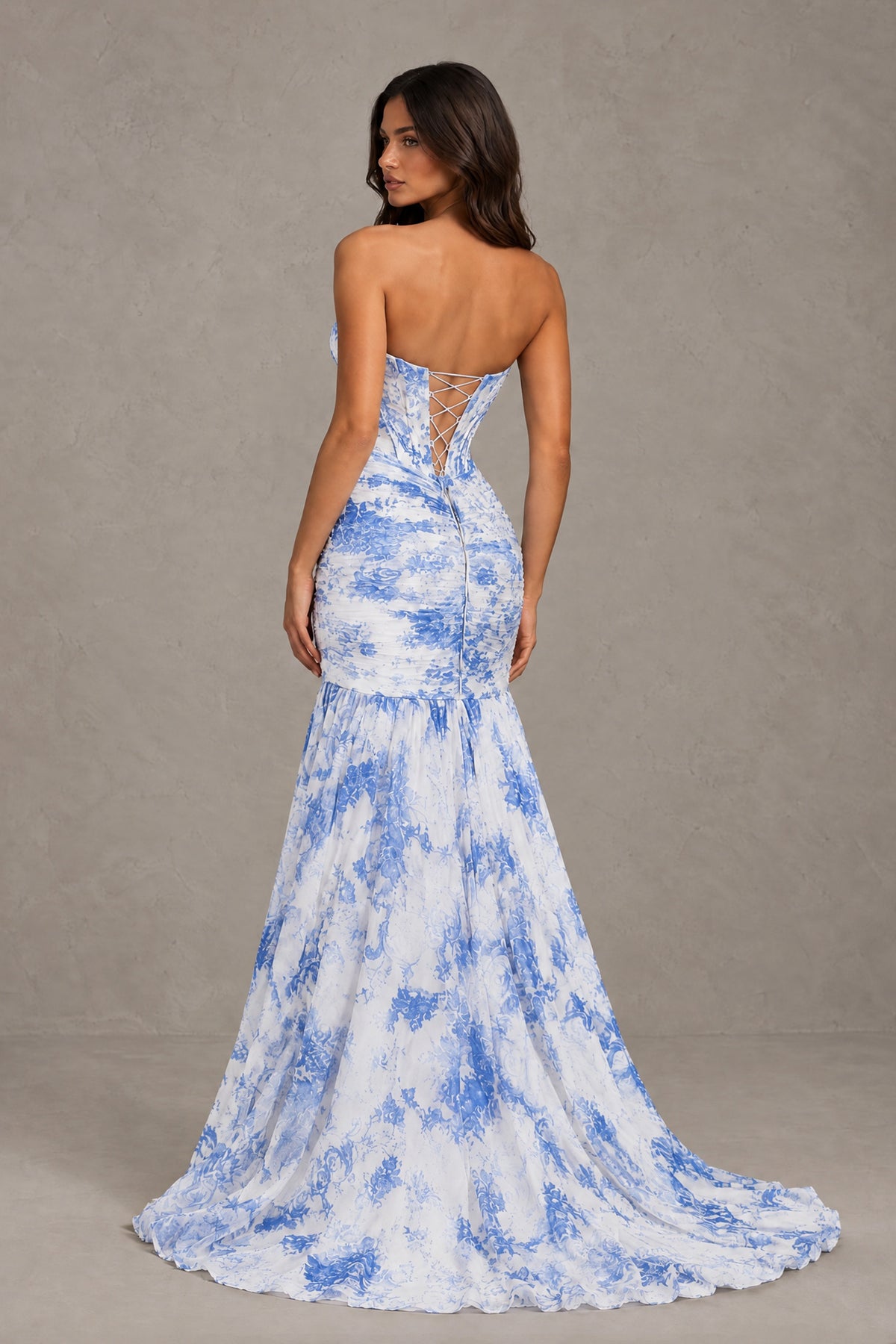 BOLODOO FQ0062 floral mermaid gown back view with open lace-up back and train