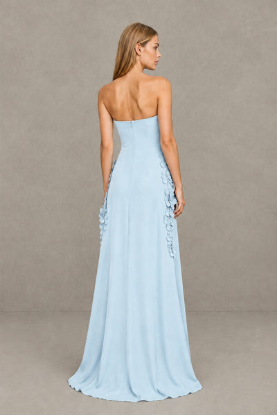 BOLODOO Light Blue Strapless 3D Floral Appliqué Crepe Maxi Gown 