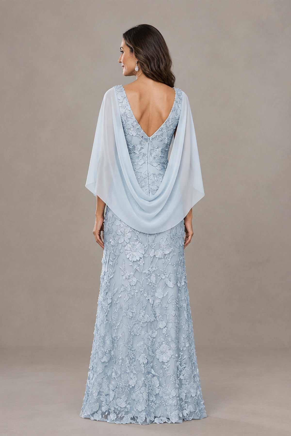 BOLODOO light blue lace mother of the bride dress with open V-back, back view