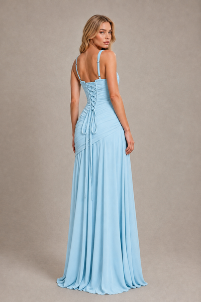 BOLODOO Light Blue Spaghetti Strap Ruched Maxi Dress – Formal Evening Gown with Slit 