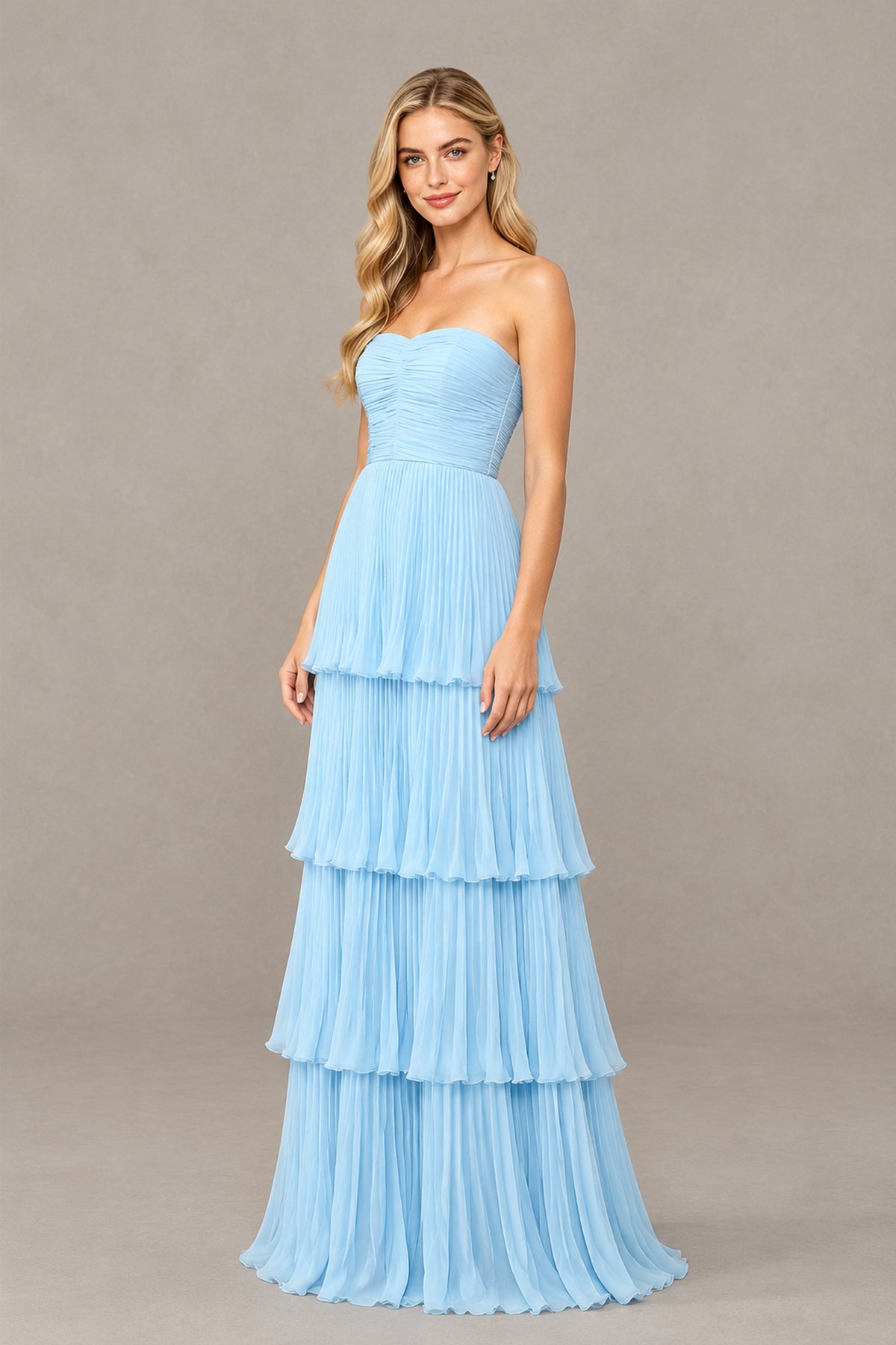 BOLODOO light blue strapless tiered maxi dress side view