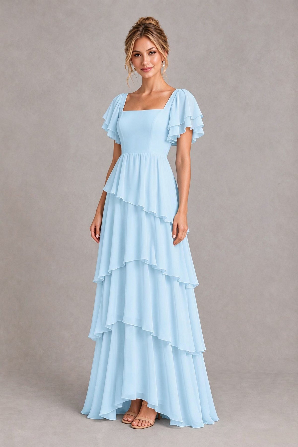 BOLODOO light blue chiffon bridesmaid dress with square neckline, flutter sleeves and tiered ruffle maxi skirt, front view