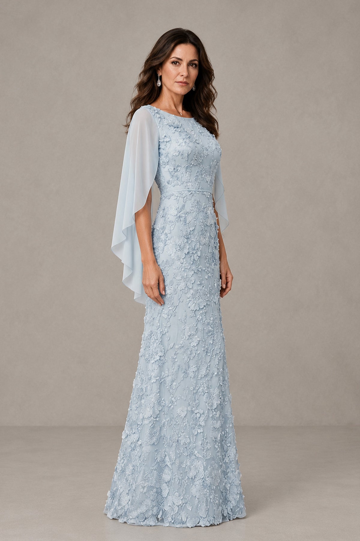 BOLODOO light blue lace mother of the bride dress with sheer cape sleeves, front view