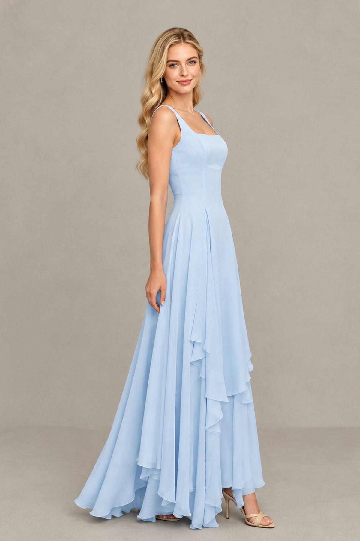 BOLODOO light blue layered chiffon formal maxi dress side view with square neckline