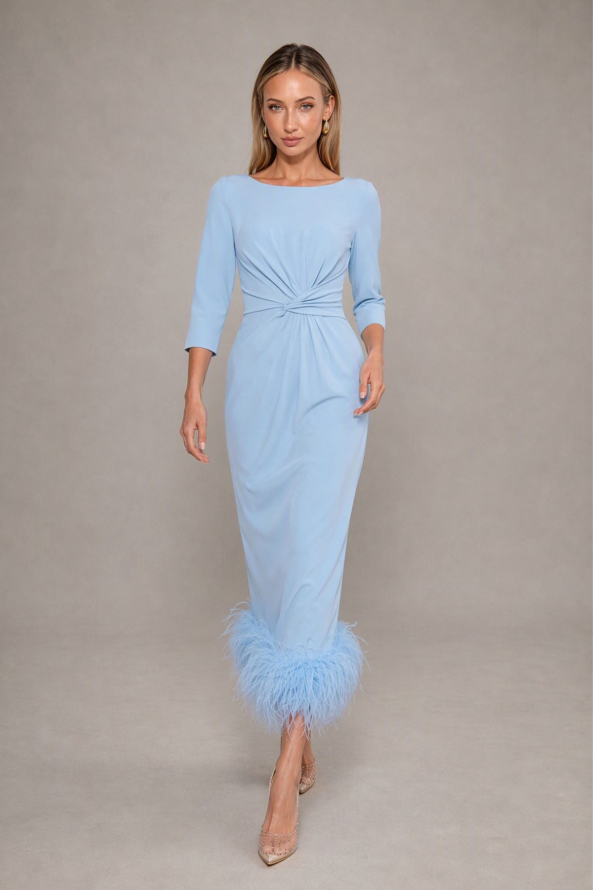 BOLODOO light blue feather-trim cocktail midi dress, walking front view
