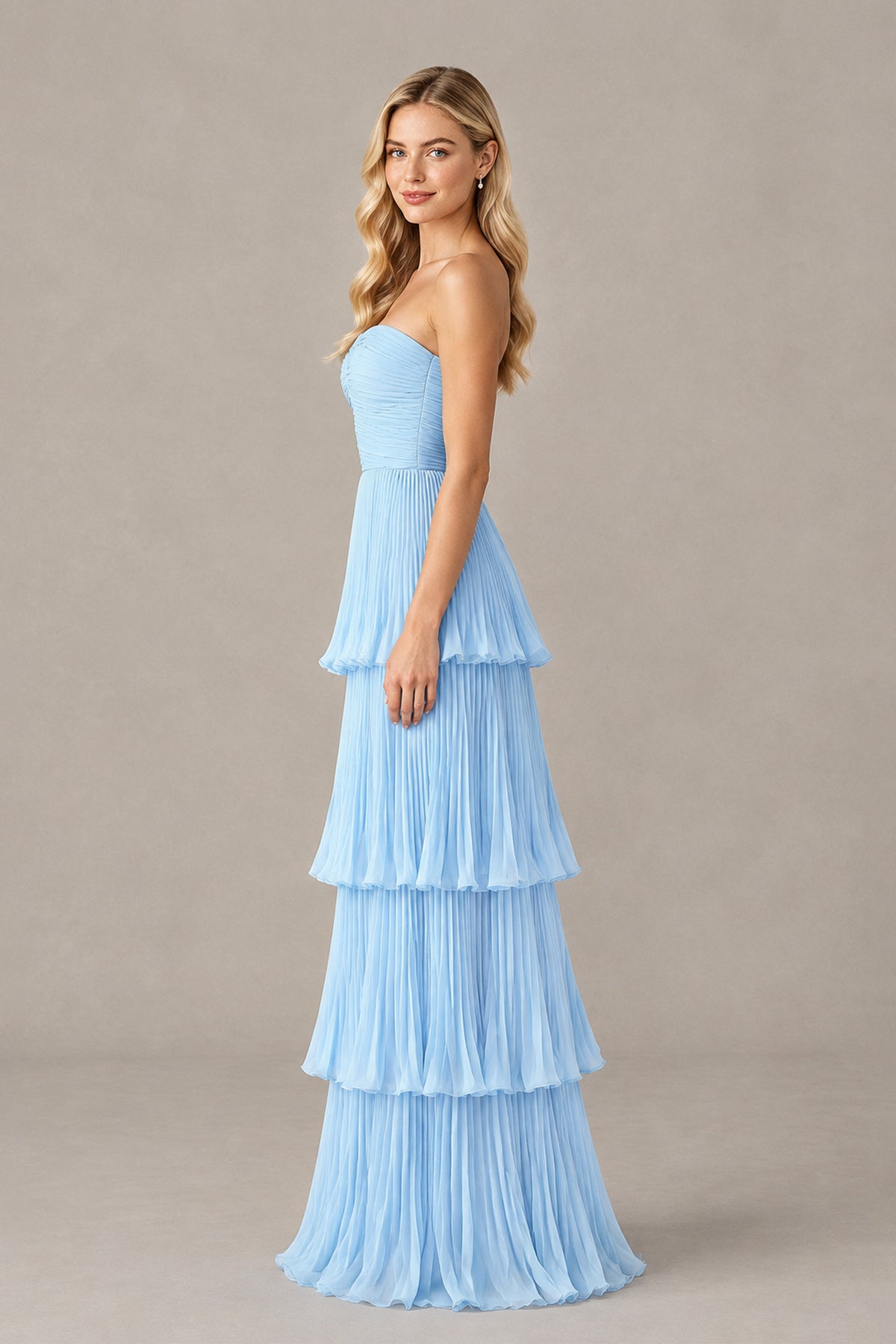BOLODOO light blue tiered maxi dress with open lace-up back rear view