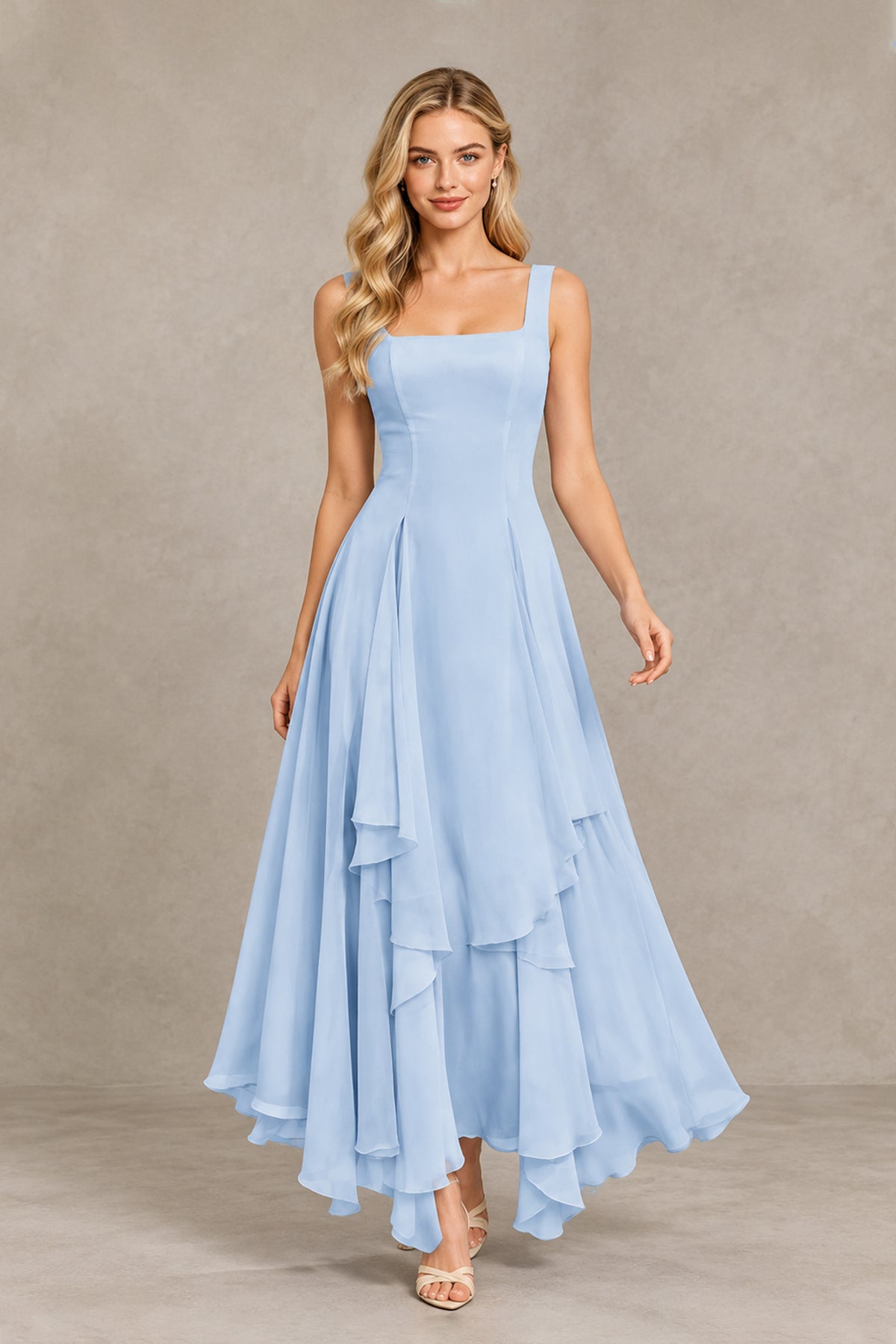 BOLODOO light blue square neck chiffon bridesmaid dress with layered floor length skirt