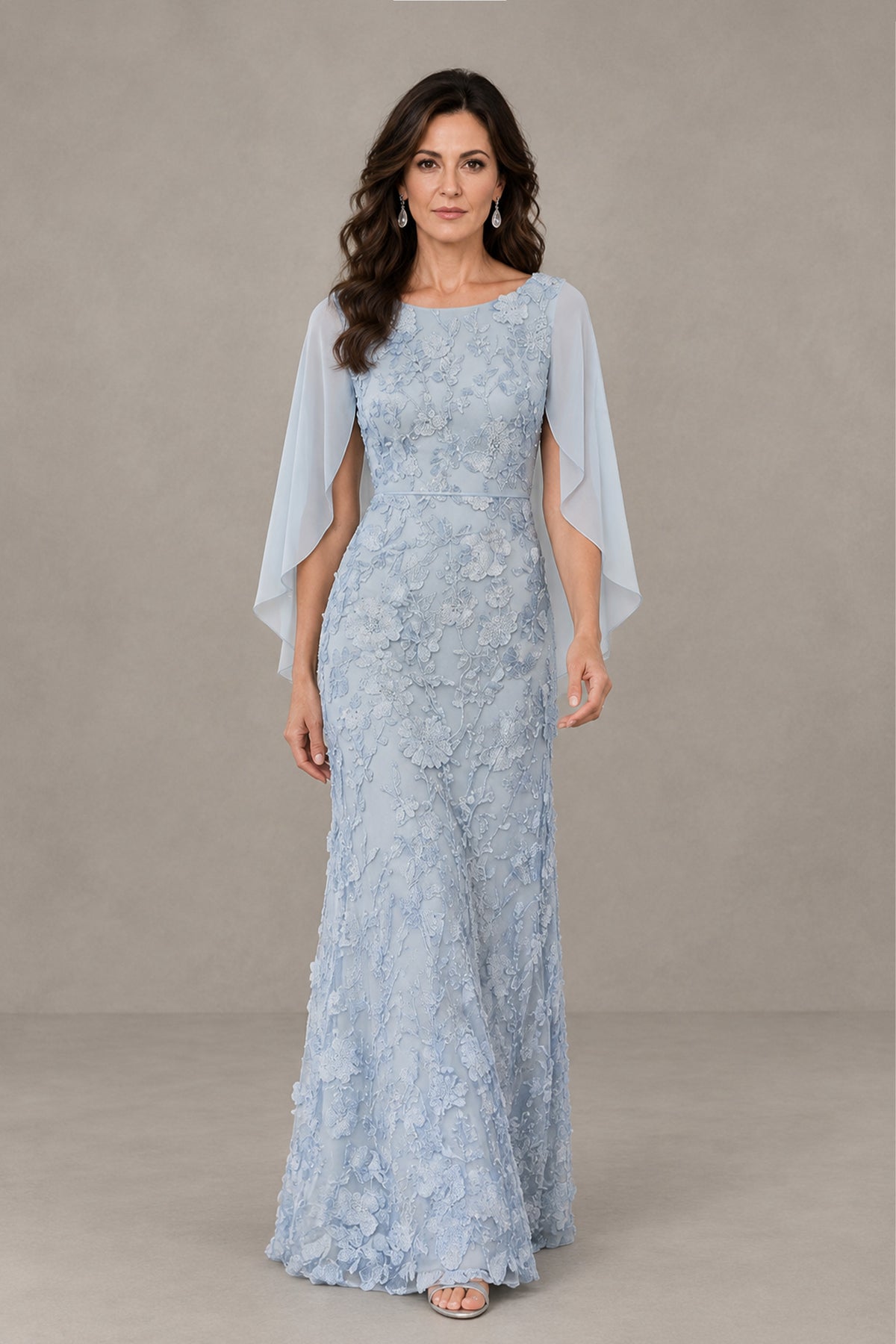 BOLODOO light blue textured lace evening dress with cape sleeves, side view