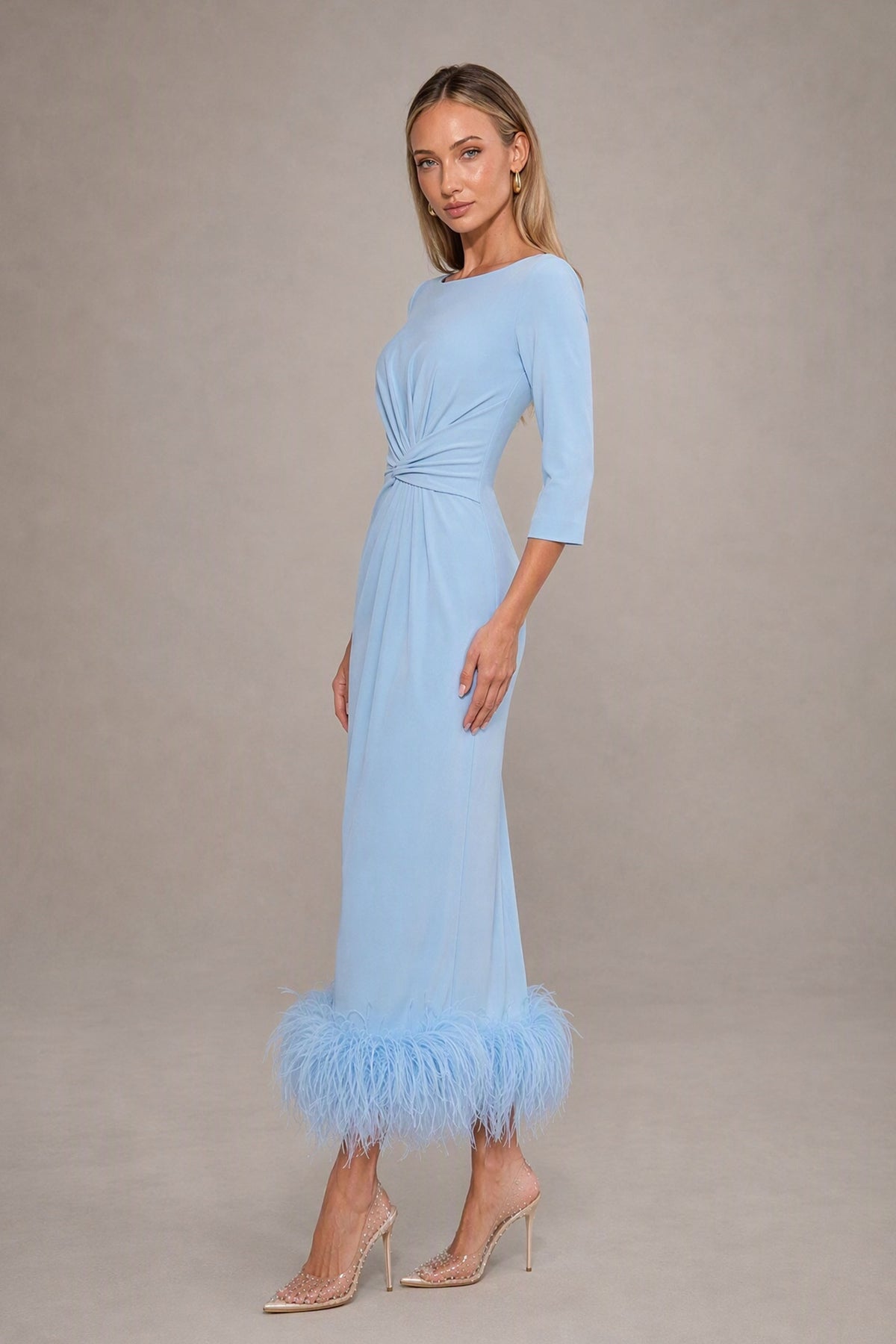 BOLODOO light blue sheath midi dress showing gathered twist waist and feather-style trim, side view